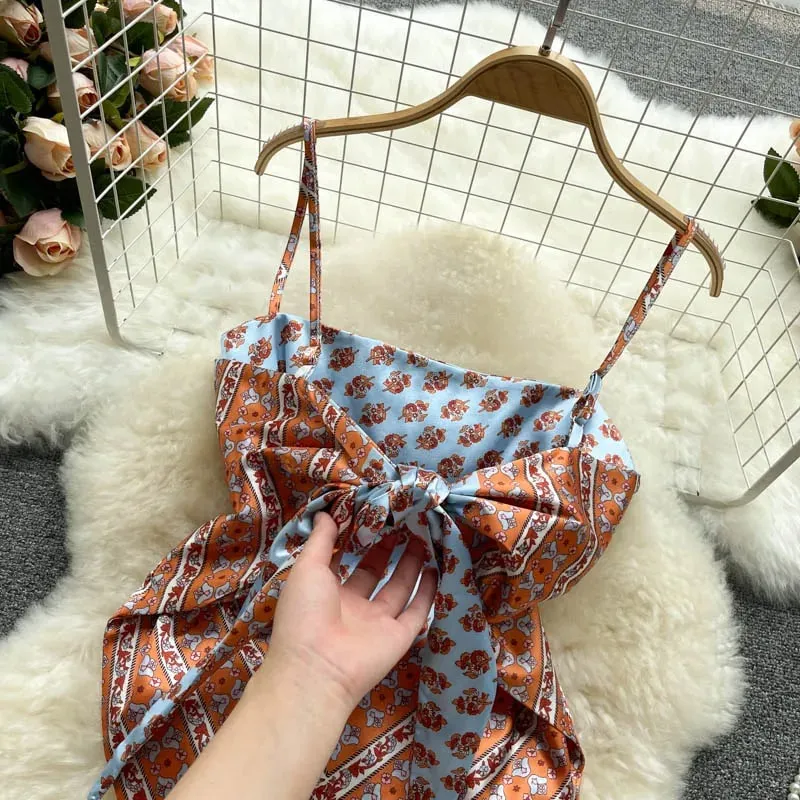 Women Sexy Backless asymmetrical lace-up Camis Print Tank Top Chic One-piece Corset Bustier Summer Beach vacation Crop Top — image 7