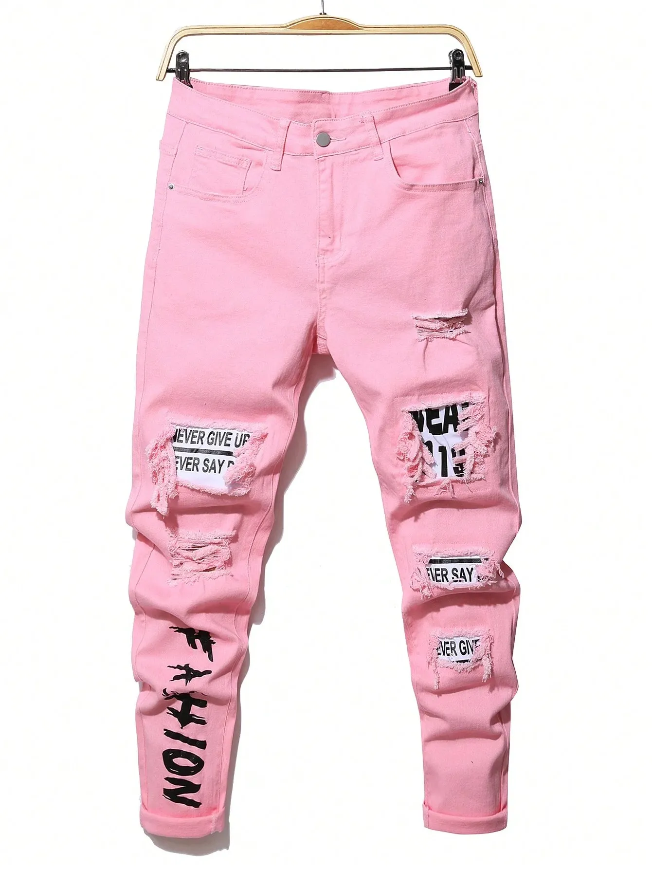 Men's Stretchy Ripped Denim Jeans Slim Fit Straight Trousers Elastic Waist Patchwork Holes Tearing Streetwear Casual Pants — image 6