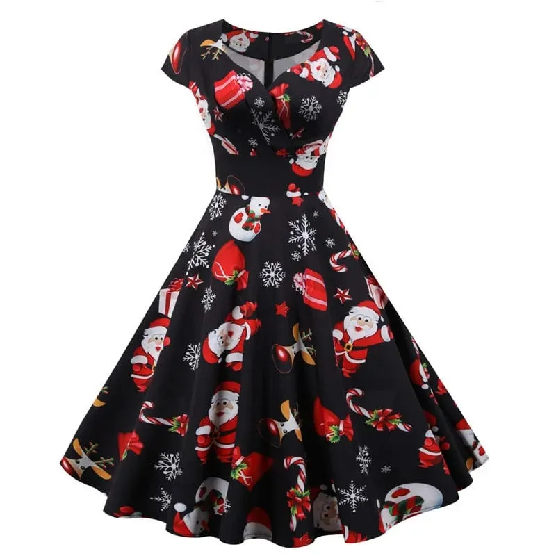 Mode V-ausschnitt Kurzarm Gedruckt Weihnachten Kleid Große Schaukel Vintage Elegante Weihnachten Party Kleid — image 4