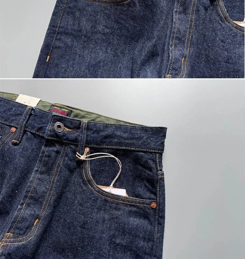 14oz Raw Selvedge Denim Jeans for Men Tapered Straight Indigo Washed 100% Cotton Pants with Back Paris Buckle American Vintage — image 9