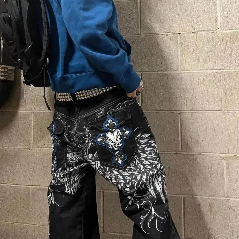 High Street Gothic Embroidered Men Black Red Pattern Y2K High Waist Jeans American Retro Street Couple Casual Pants — image 5