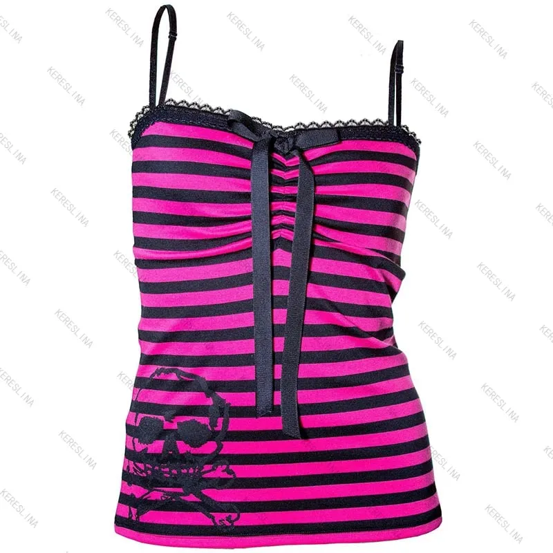Millennial Style Y2K Skull Lace Bow Striped Halter Top Punk Goth Harajuku Style Top Summer Spice Girls Aesthetic Slim Streetwear — image 9