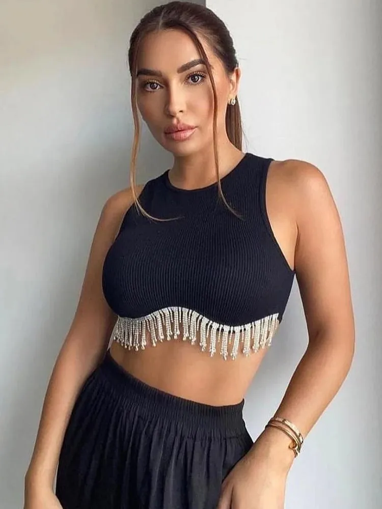High Street Sexy Hem Tassel Diamond Beading Knitting T Shirt Chic Short Camis Tank Lady Slim Crop Vest Tops — image 2