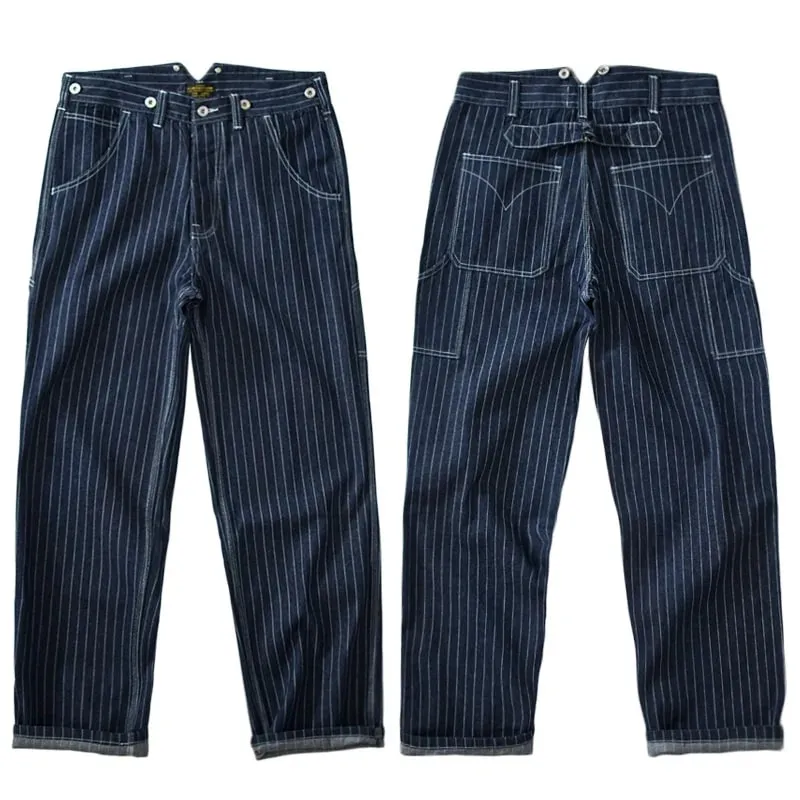 13.5oz Paris Buckle Vintage Vertical Striped Raw Blue Denim Jeans Men Amekaji Wide Leg Loose Straight Bib Suit Pants Handsome — image 2