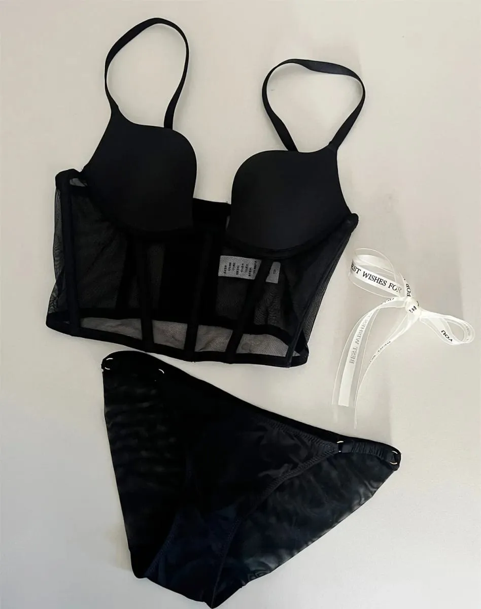 Sexy black fishbone bra underwear with steel ring top support lingerie bra set gathering women large size bralette — image 4
