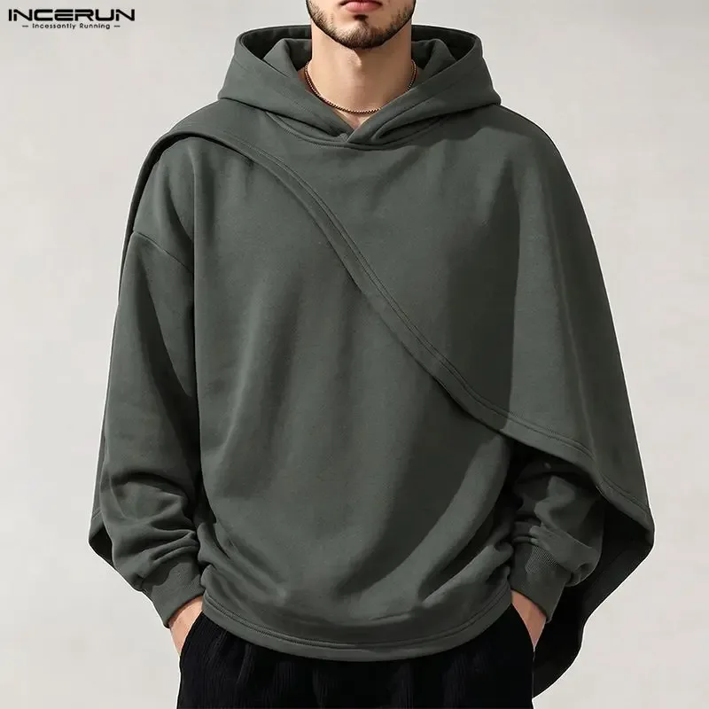 Men's Hoodies Ponchos Solid Color Hooded Long Sleeve Irregular Sweatshirts For Man Loose Stylish Casual Cape INCERUN Streetwear — image 3