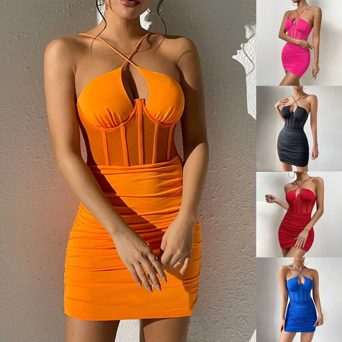 Women's Sexy Strapless Mini Dress Mesh See Through Strap Fish Bone Corset Short Dresses Solid Color Slim Fit Pleated Vestidos — image 2