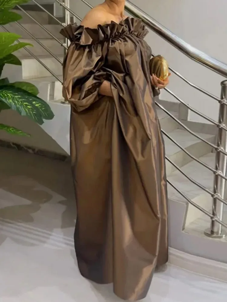 Freeacy Sommar Damklänning Enfärgad Elastisk Off-shoulder Puffärm Lös Maxiklänning 2026 Mode Fritidsfestklänningar