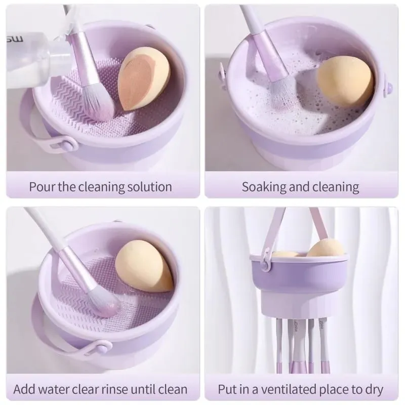 Makeup Brush Cleaning Mat 3-In-1 Silicone Washing Bowl with Brushes Scrubber Foldable Powder Puff Cosmetic Sponge Drying Tools — image 3
