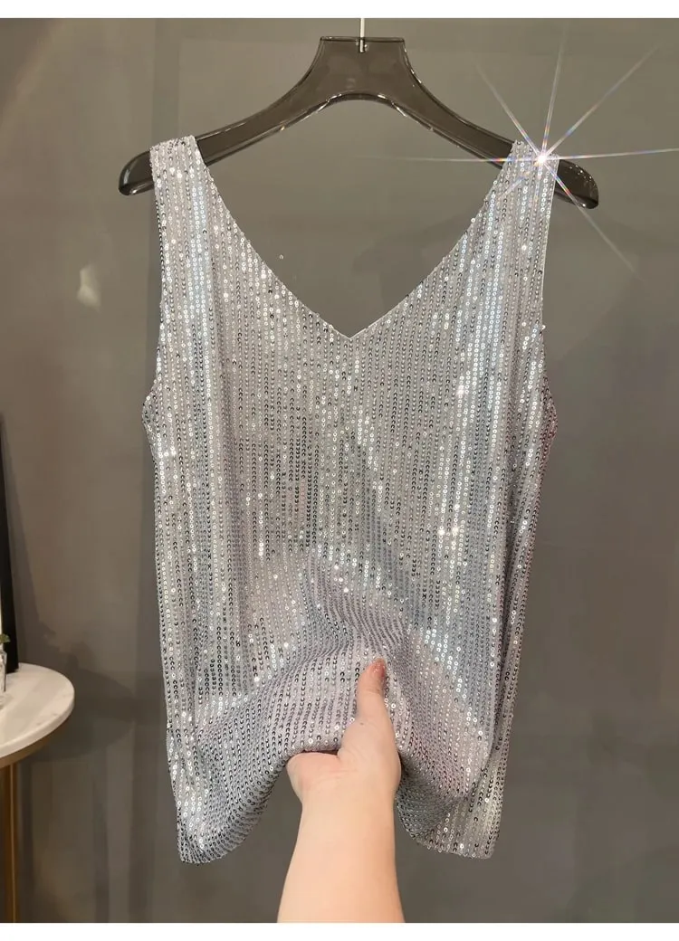 2024 New European and American Sequined V-neck Vest Worn Inside A Suit Bottoming Shirt and Worn Outside A Sparkling Top — image 7
