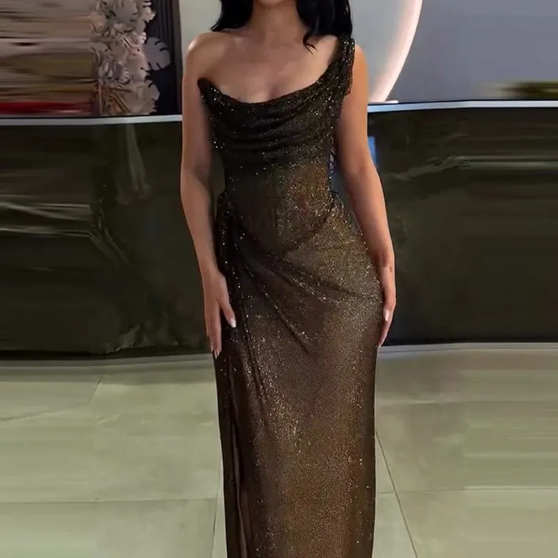 เซ็กซี่ Elegant ความยาวเต็มสูงแยกชุด Chic Girdling จัดเลี้ยง Maxi ชุดผู้หญิงหรูหราหนึ่งไหล่ Glitter Slim Dress