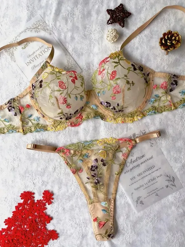 Yimunancy Floral Embroidery Lingerie Set Women Sheer 2-Piece Boho Bra + Panty Underwear Set Intimates — image 8