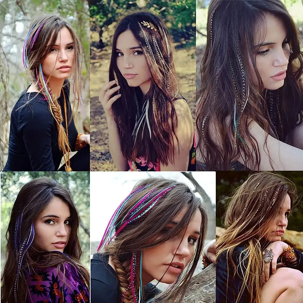 Colored Strands for Hair Feather Extension 10 Pieces I Tip Synthetic Hairpiece Fake Hair Zebra Line Feather Hair Extensions — image 6