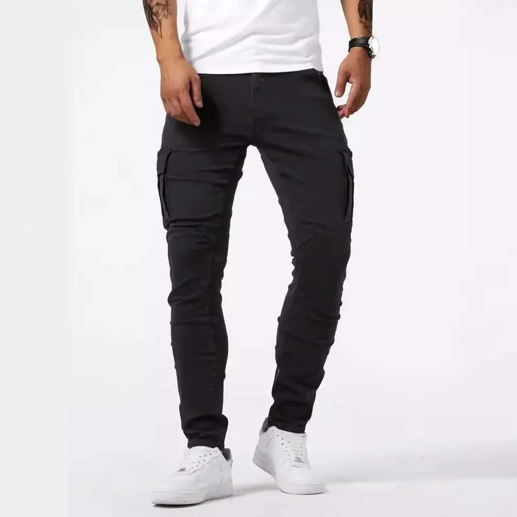 Men's street stretch denim jeans washed solid color multi pocket work pants casual slim fit daily wear jogging pants mid wa — image 6