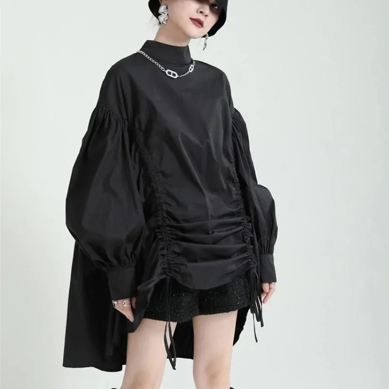 2025 Women Irregular Drawstring Big Size White Blouse New Stand Collar Long Sleeve Shirt Fashion Tide Spring Autumn