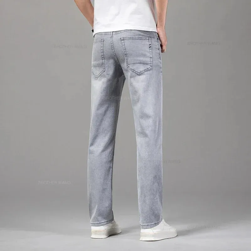 Summer Thin Men's Elastic Cotton Jeans Fashion Gray Comfortable Business Straight Casual Pants Brand Male Clothes Trousers — image 2