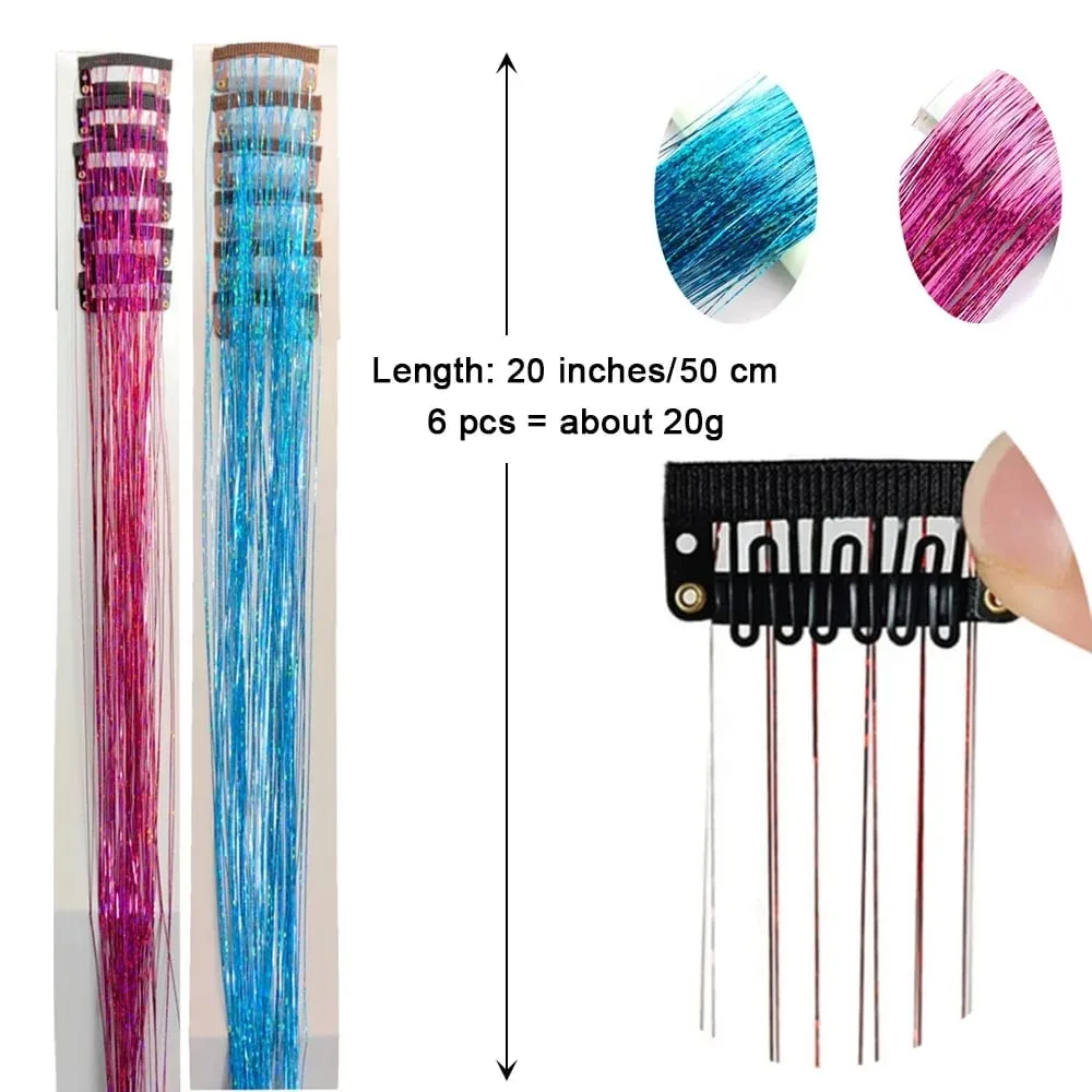 20 Inch Glitter Tinsel Hair Extensions with Clips In 6Pcs/Set Synthetic Clip in Sparkle Fairy Hair Accessories for Women Kids