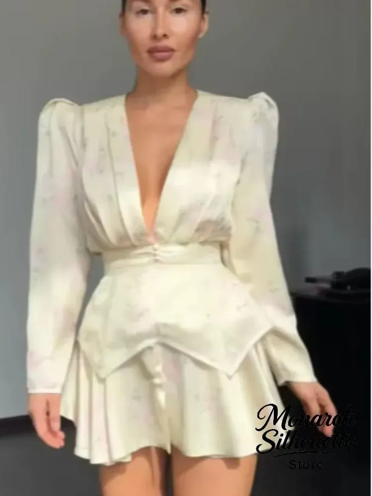 Elegantní minišaty s květinovým potiskem, dámské, elegantní, výstřih do V, plné rukávy, jednořadové, úzké, krátké šaty do áčka 2026 Dámské společenské róby — image 5