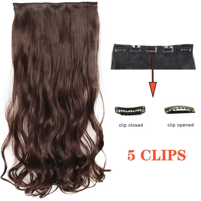 Synthetic Long Wave 5 Clips Hair Extensions Clips in High Temperature Fiber Black Brown Hairpiece — image 14