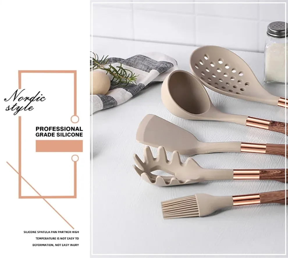 Silicone Cooking Utensils Set Non-Scratch Non-Stick Heat Resistant Spatula Spoon Rose Gold Handle With Bucket Kitchen Gift — image 7