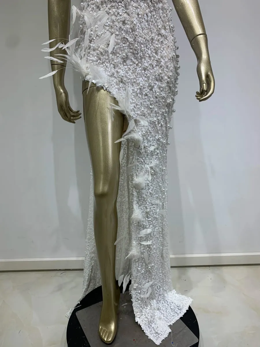 Luxury Sexy Strapless Feather Sequins White Pearl Maxi Long Women Gowns Dress 2024 Elegant Party Evening Stage Performance Dress — image 6
