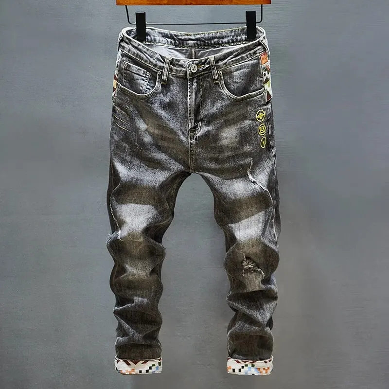 Stitching Embroidered Printed Jeans Men's Cool Smart Street Fashion Design Pattern Slim Fit Feet High-End Washed Trousers — image 5