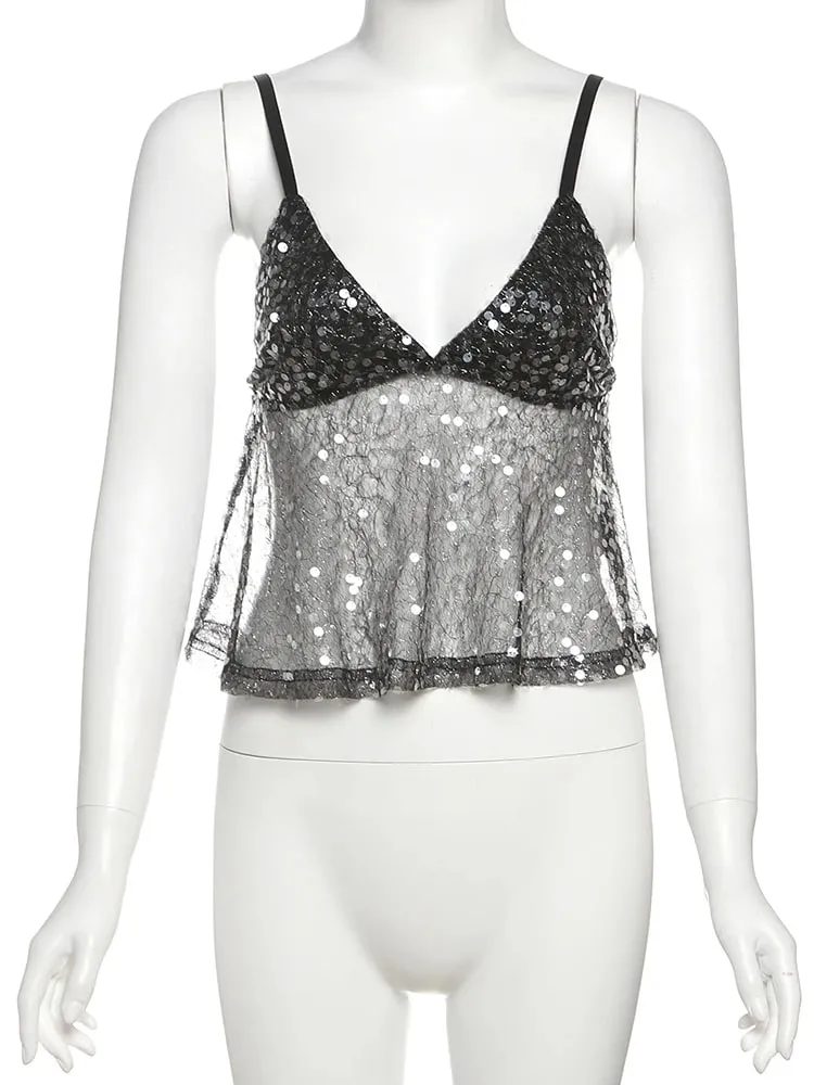 Nibber Sequins Patchwork Mesh Camisole Women v-Neck Sexy Backless Summer Trend Street Midnight Versatile Hottie Classic Tops