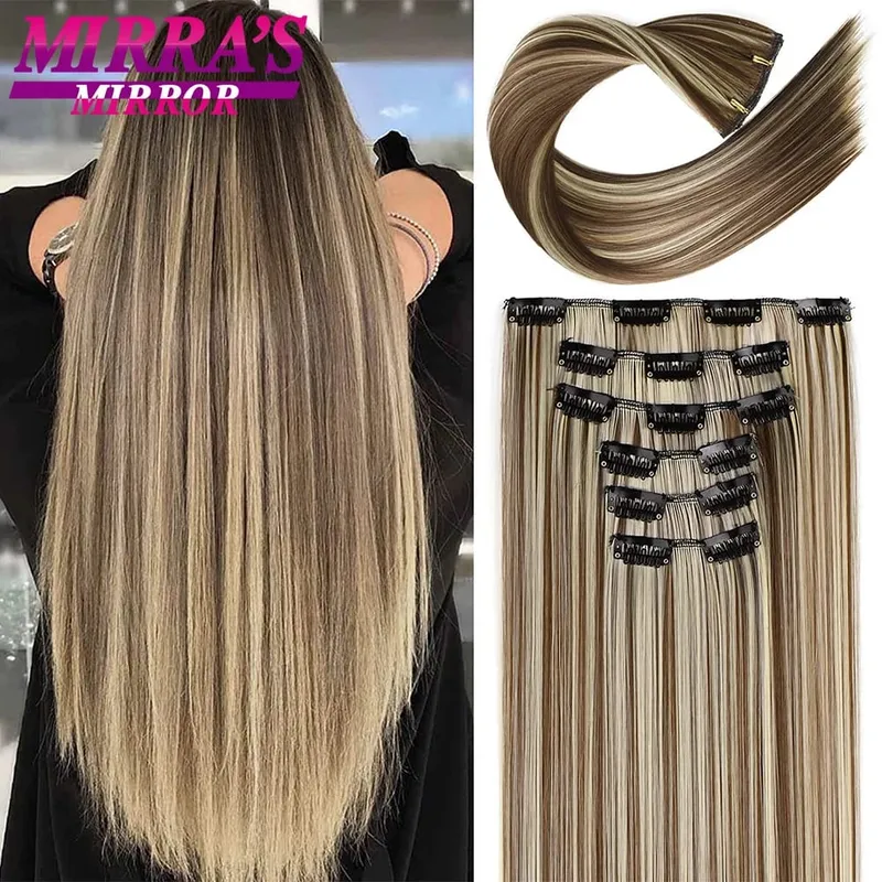 Synthetic Clip in Hair Extensions 6 Pcs/Set 16 Clips Long Straight Hairpieces Clip On Hair Extension for Women Blonde — image 1