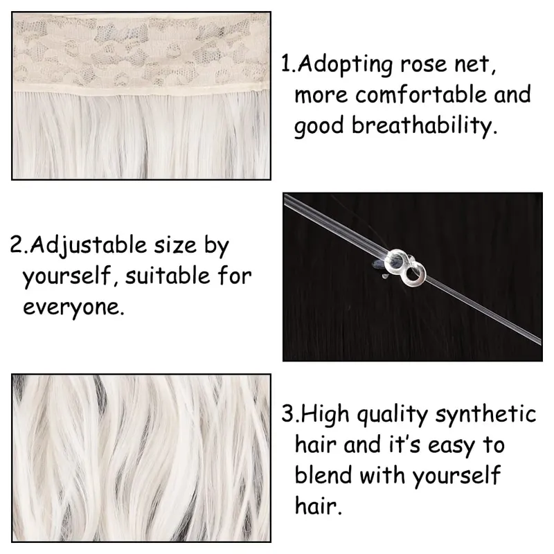 Synthetic No Clip Adjustable Fish Line Hair Extensions Natural Blonde Brown Long Wavy Heat Resiatant Hairpiece For Women
