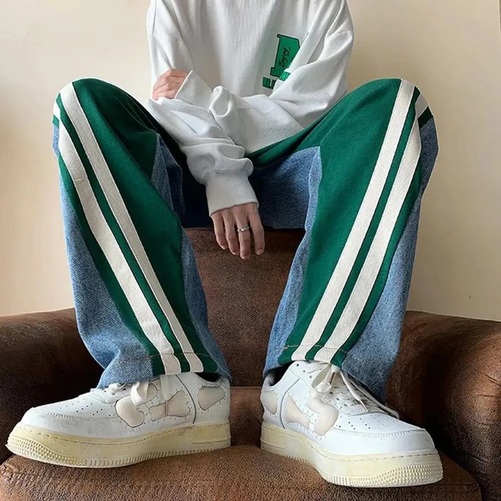 Mens Y2K Tracksuits Denim Drawstring Casual Pants Street Straight Pants Unisex Fashion Stitching Contrast Jeans Hip-Hop Trousers — image 4