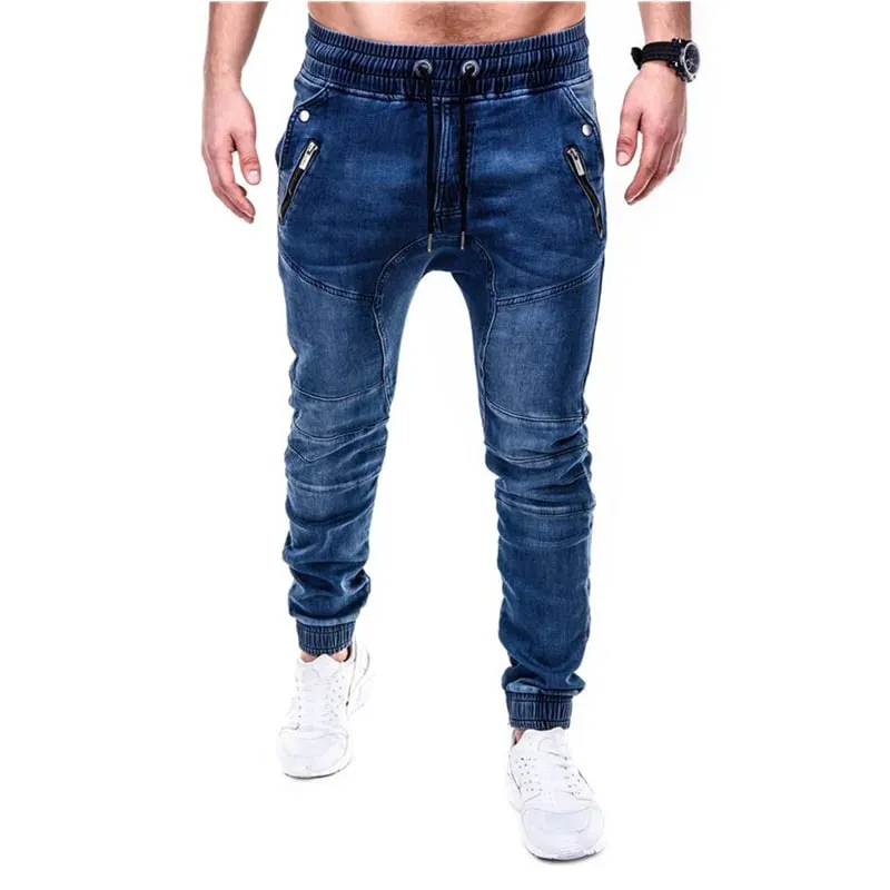 Men Jeans Pencil Pants Elastic Waist Drawstring Lace Up Pockets Washed Distressed Ankle Length Trousers 2025 Streetwear Denims — image 2