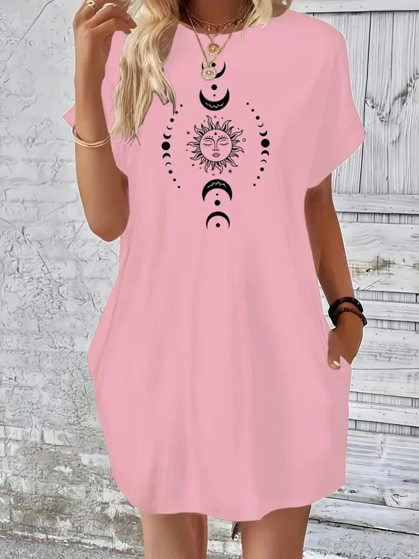 Ladies' summer loose sun moon planet pattern printed round neck short sleeved pocket comfortable casual plus size dress — image 9