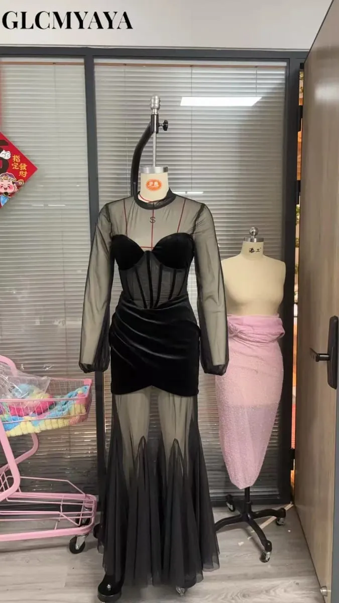 Mesh See Through Women Full Sleeve Velvet Bodycon Long Dress 2025 Fall Birthday Party Evening Prom Maxi Mermaid Dresses — image 6