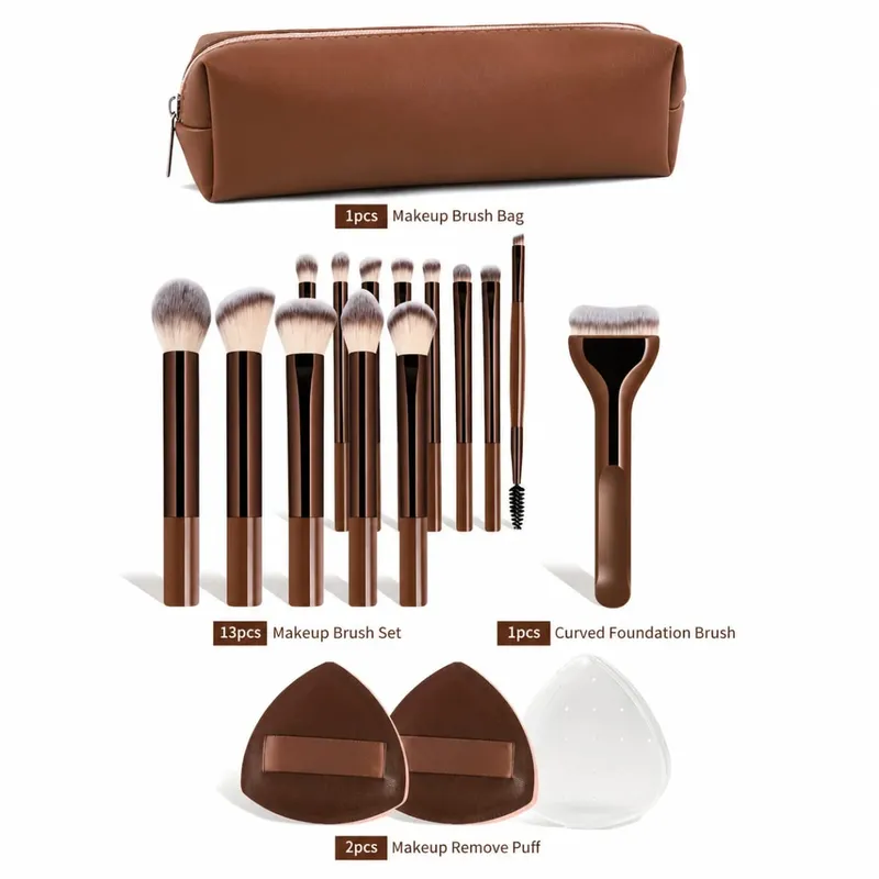 Ensemble de pinceaux de maquillage avec sac et 2 pinceaux bouffants pour fond de teint, poudre, Blush, fard à paupières, sourcils, lèvres, outils de beauté de voyage, cadeau, 17 pièces — image 2