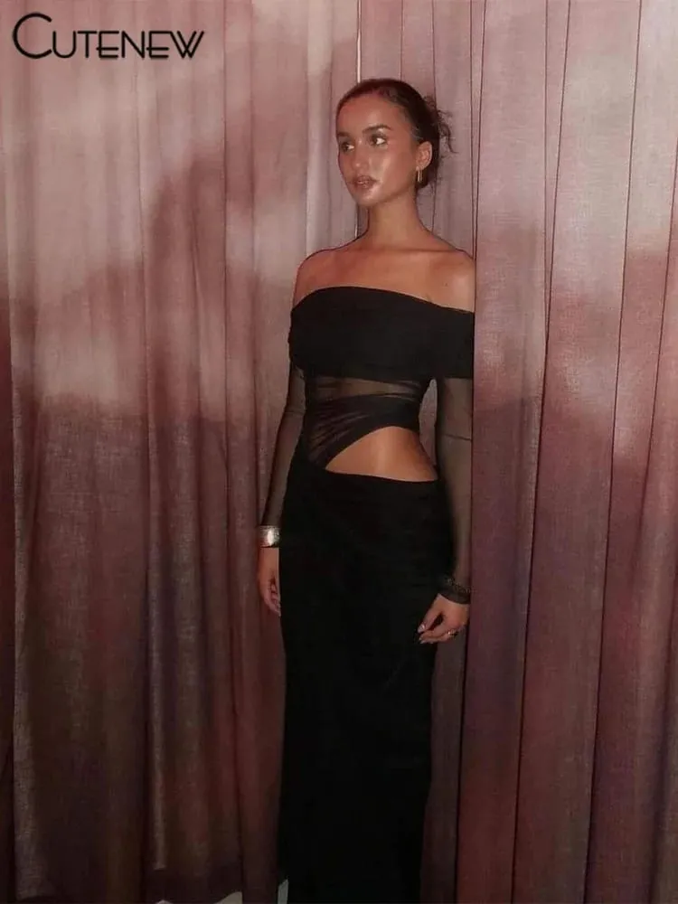 Cutenew Mesh Ruched Women Maxi Dress Sexy See Through Off Shoulder Long Sleeve Sheath Vestidos Female Midnight Party Solid Robe