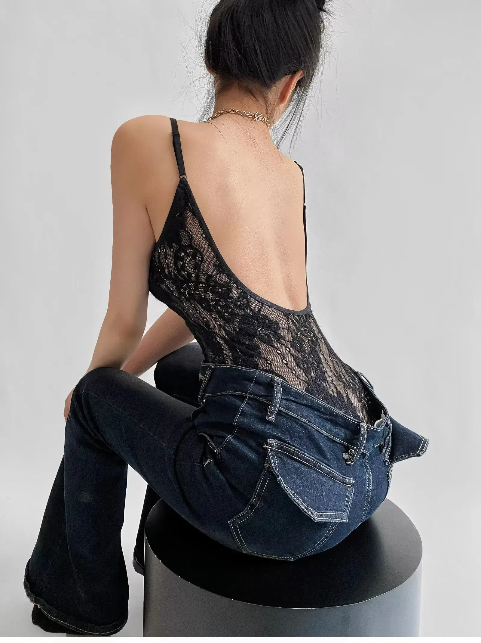 Sexy See Through Lace With Lining Backless Spaghetti Strap Bodysuit Woman Sling Tight Short Jumpsuit Slim Fit Rompers Playsuits — image 8