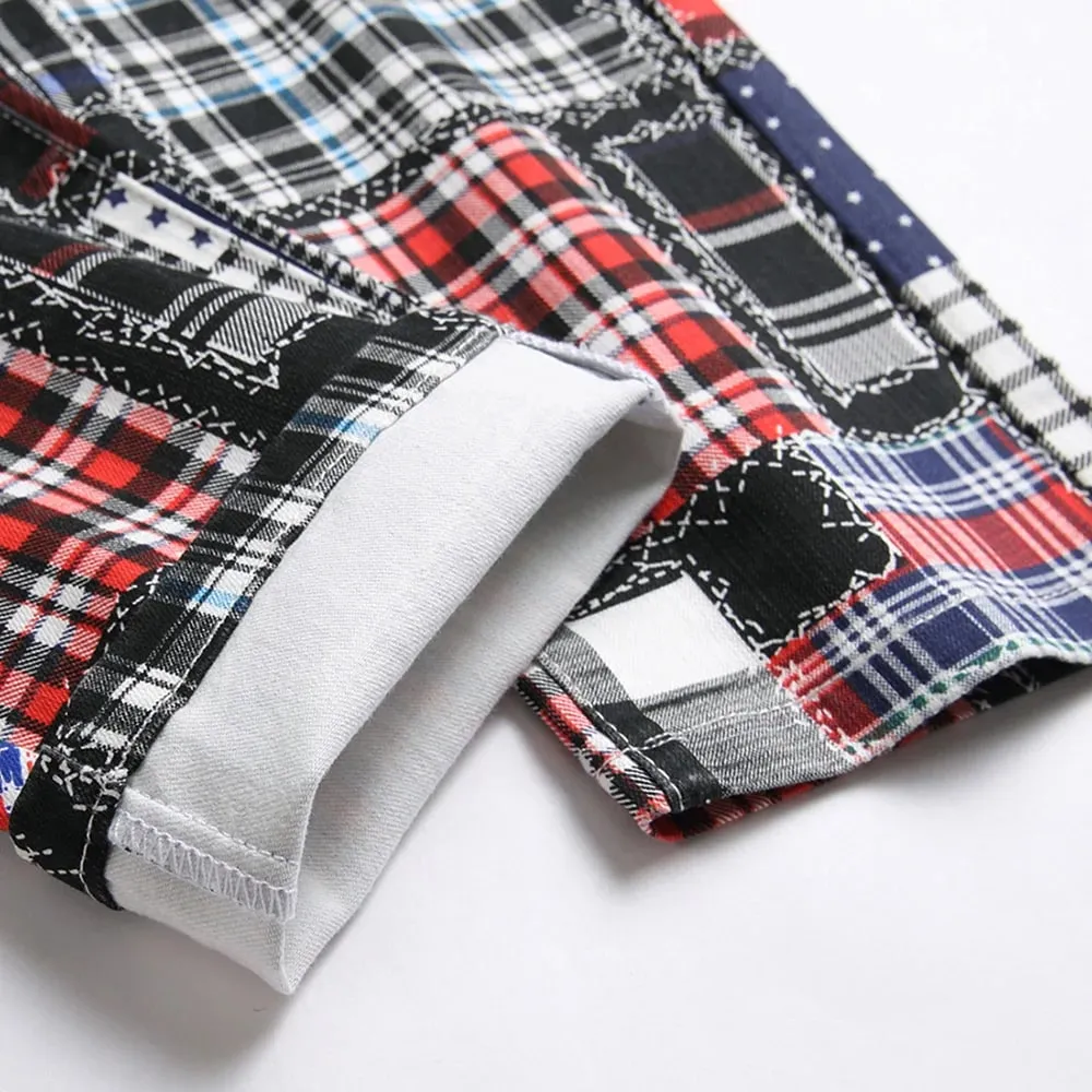 Men Plaid Digital Print Jeans Fashion Patches Patchwork Stretch Denim Pants Slim Straight Trousers — image 5