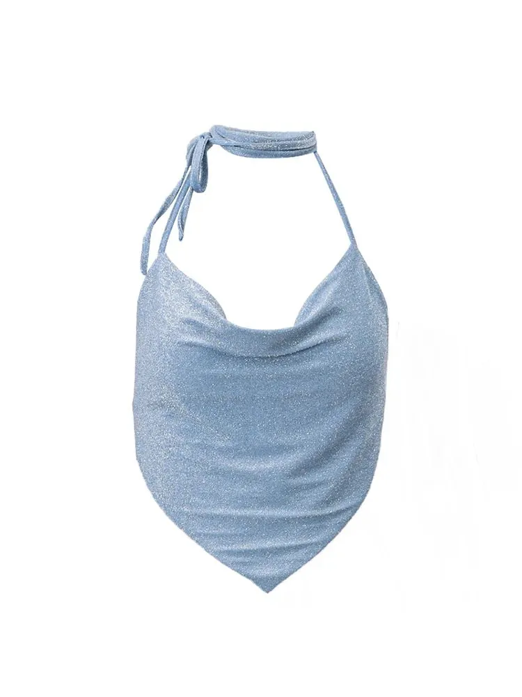 Halter Top Glitter Tanks 2024 Summer Outfits Blue Bright Silk Camis Ruched Top Crop Backless Vests Sexy Tops Cropped Clothes — image 6