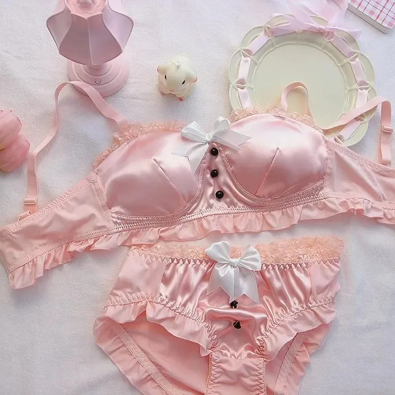 Set di lingerie dolce retrò giapponese, morbido e carino pigiama con fiocco, confortevole, senza reggiseno ad anello in acciaio, per petto piccolo — image 3
