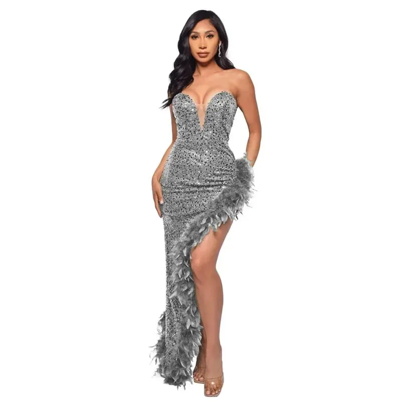 CM.YAYA Women Sequined Strapless Feather High Side Split Strapless Bodycon Midi Maxi Dress Sexy Club Even Party Dresses Vestidos