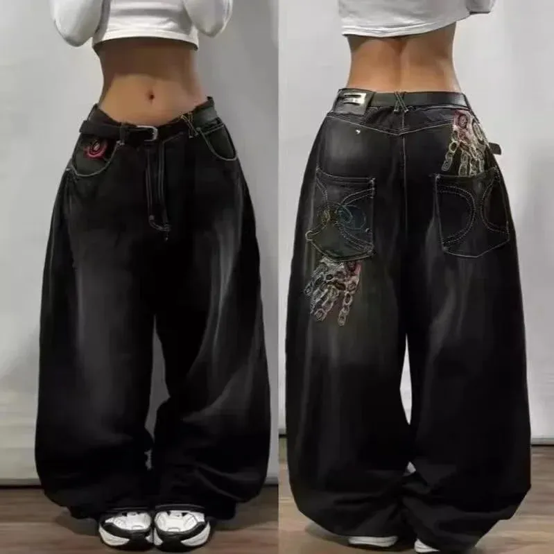90s Gothic Centipede Embroidery Washed Oversized Wide-Leg Pants Jeans Men Y2K New Harajuku Punk Hip-Hop Rock Couple Street Wear — image 24