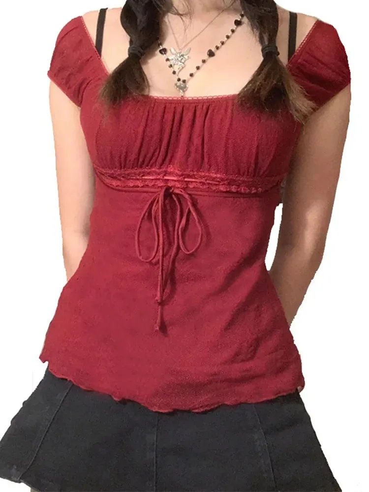 2000s Aesthetic Sweet Lace Tops Women Off Shoulder Drawstring T-shirt Korean Fashion Female Tee Fairy Grunge Streetwear — image 2