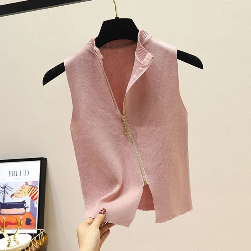 2026 Summer Spring zipper Knit Tank Top Cami Korean Camisole Elastic Vest O Neck Solid Color New Slim Breathable Tops White — image 11