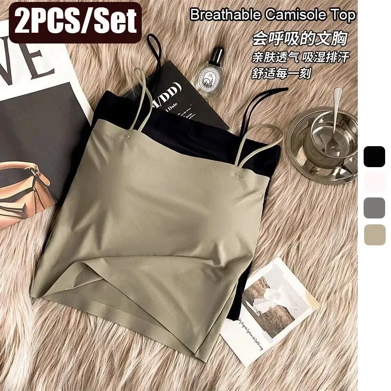 2PCS/Lot Ice Silk Beauty Back Camisole Top For Women with Chest Pad Fixed Cup Inner Wear Outer Wear Summer Female Bandeau — image 2