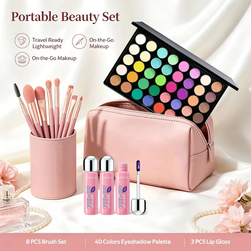5pcs Makeup Kit 40 Colors Eyeshadow Palette + 3pcs Peel‑Off Lip Gloss with 8pcs Brushes Matte Shimmer Eyeshadow Full Makeup Gift — image 3