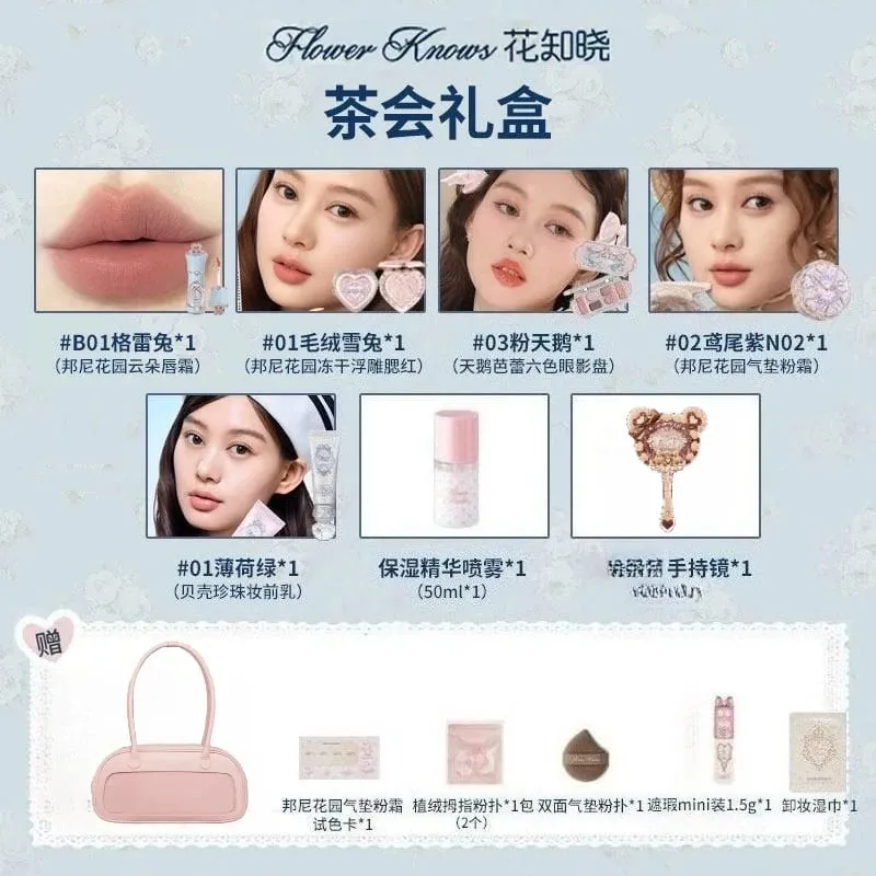 Bunny Garden Series Vegan Cosmetics Set - Flower Knows Cruelty-Free Makeup with Blush Eyeshadow Lip Gloss And Handle Mirror