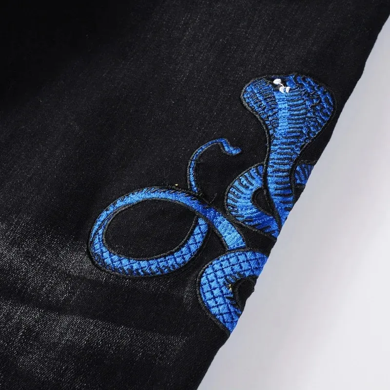 Men Snake Embroidery Jeans Streetwear Leather Patch Stretch Denim Skinny Pants Holes Ripped Distreesed Pencil Trousers — image 4