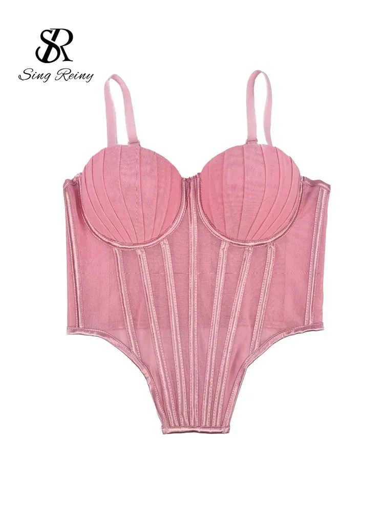 Fashion Solid Corset Lingerie Top Ladies Strap Sheer Mesh Slim Camisole American Retro Backless Beach Sexy Tank Top — image 9