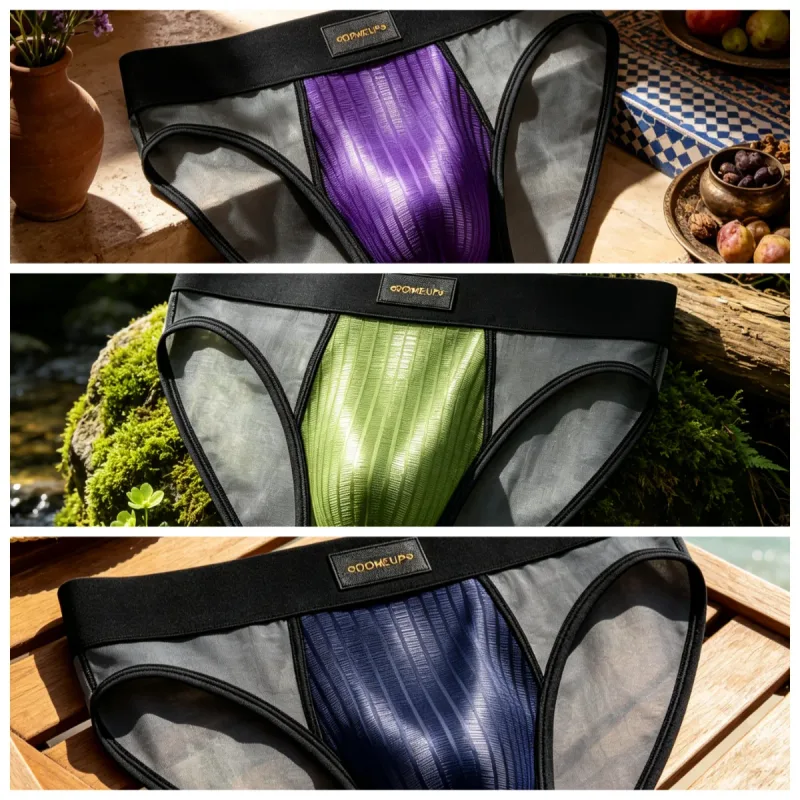 Herren Slips Patchwork Sheer Mesh Vertikale Streifen Glanz Beutel Niedrige Taille Breiten Elastischen Bund Atmungsaktive Männliche Unterwäsche DP923 — image 22