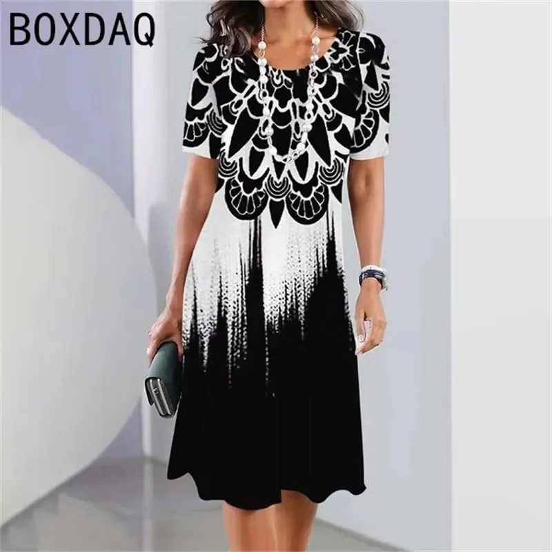 Big Size Women Dress 3D Colorful Gradient Print A-Line Dress Summer O-Neck Short Sleeve Casual Dress Elegant Loose Mini Dresses